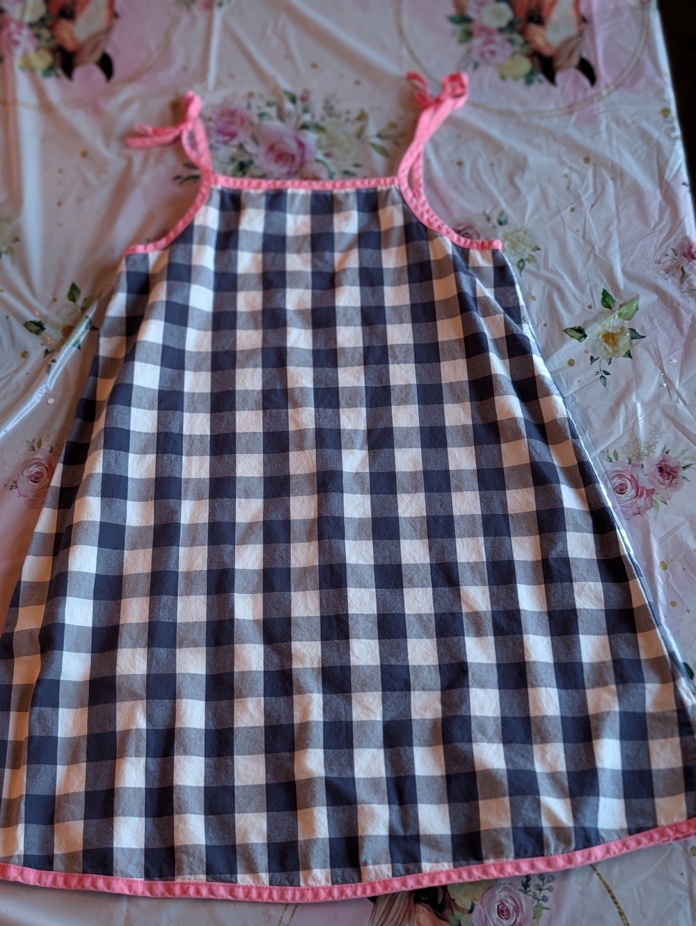 Hanna Andersson Navy and White Gingham Dress with Pink Trim/ 5-6 Yr/ Like New